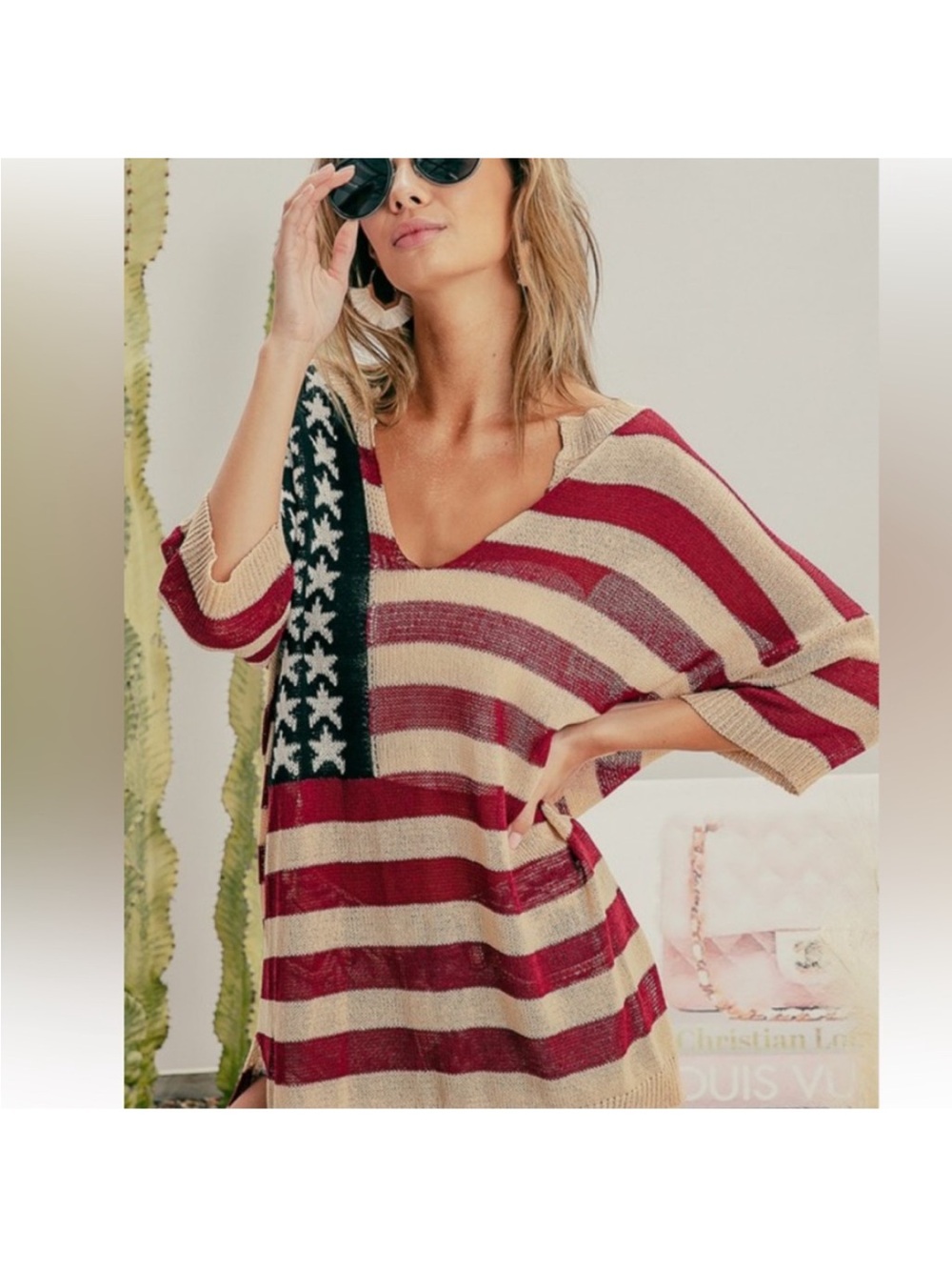 NWOT BiBi Red, Cream Striped Knit Cover up with Flag Detail